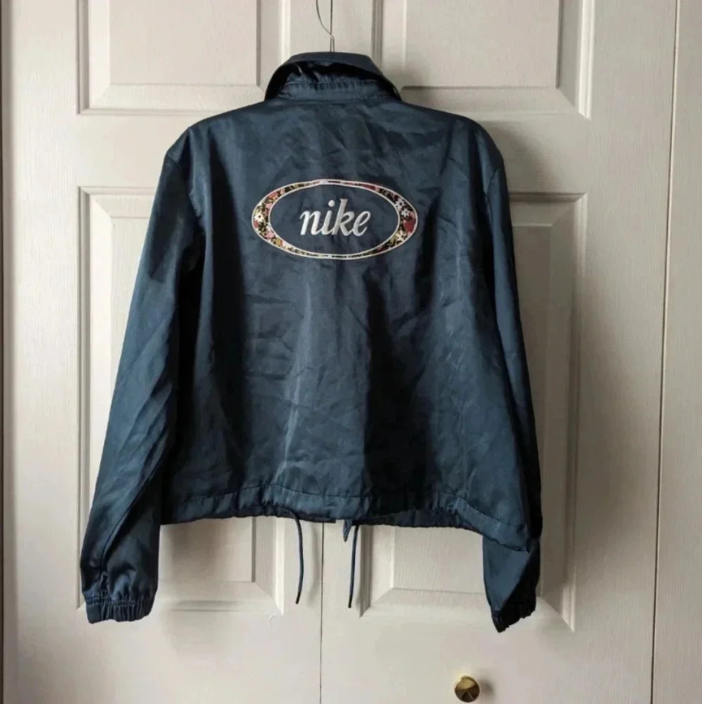 Nike Blue Floral Print Bomber Long Sleeve Satin Button Up